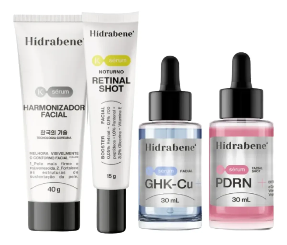 Kit Hidrabene Linha Coreana quatro produtos: GHK-Cu, PDRN, Harmonizador Facial e Retinal Shot